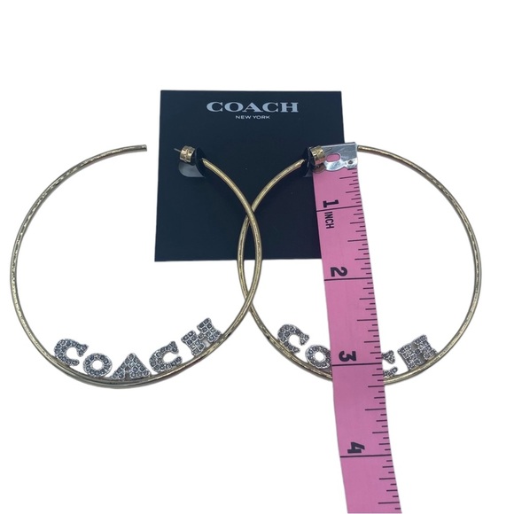 NWT Coach massive huge gold tone Signature Logo Hoop Earrings with rhinestones - Picture 8 of 13